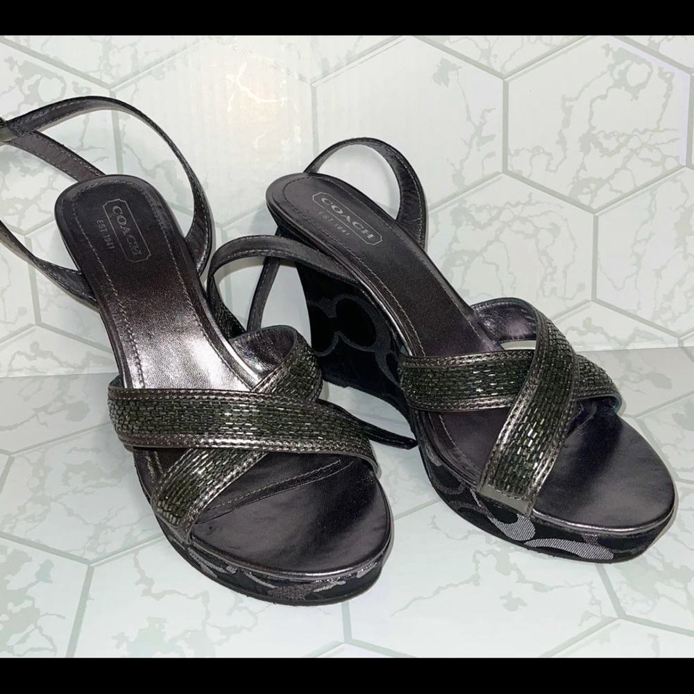 COACH💥PLATFORM BLACK/SILVER WEDGES SANDALS💥